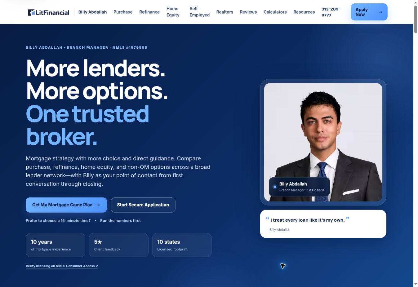Actual Mortgage With Billy homepage, with its blue design, financing options, and founder portrait